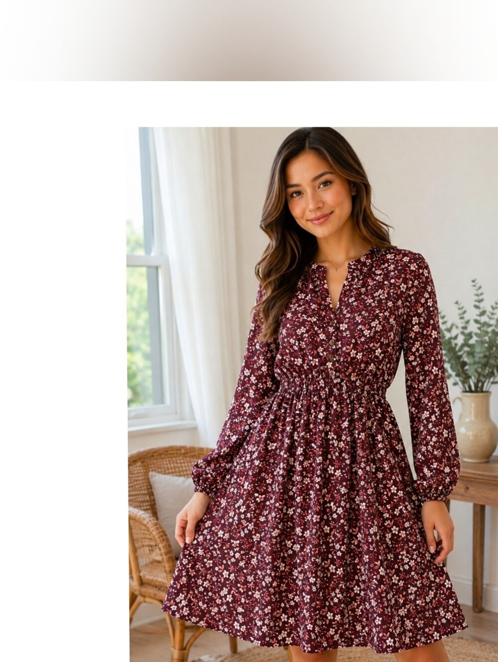 Boho Chic Burgundy Ditsy Floral Smocked Waist Midi Dress | Size S